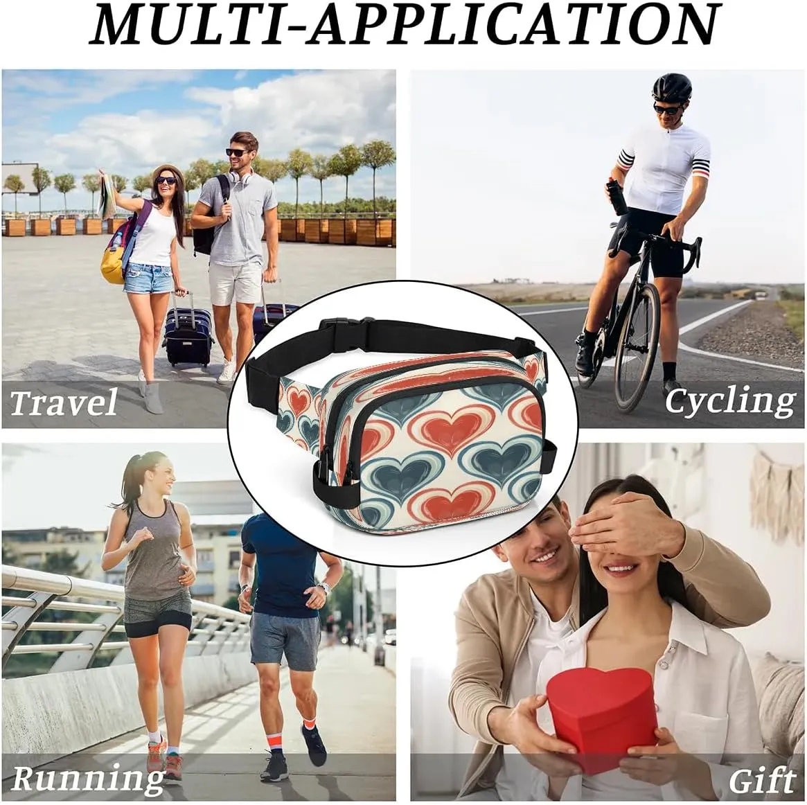 Abstraction Multi Love Patterns Fanny Packs for Women Men Waterproof Waist Bag with Adjustable Strap Belt Bag for Travel Running Hiking