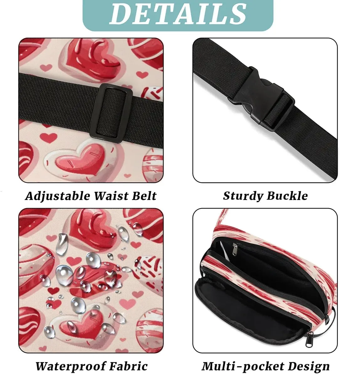 Abstraction Multi Love Printing Fanny Packs for Women Men Waterproof Waist Bag with Adjustable Strap Belt Bag for Travel Running Hiking