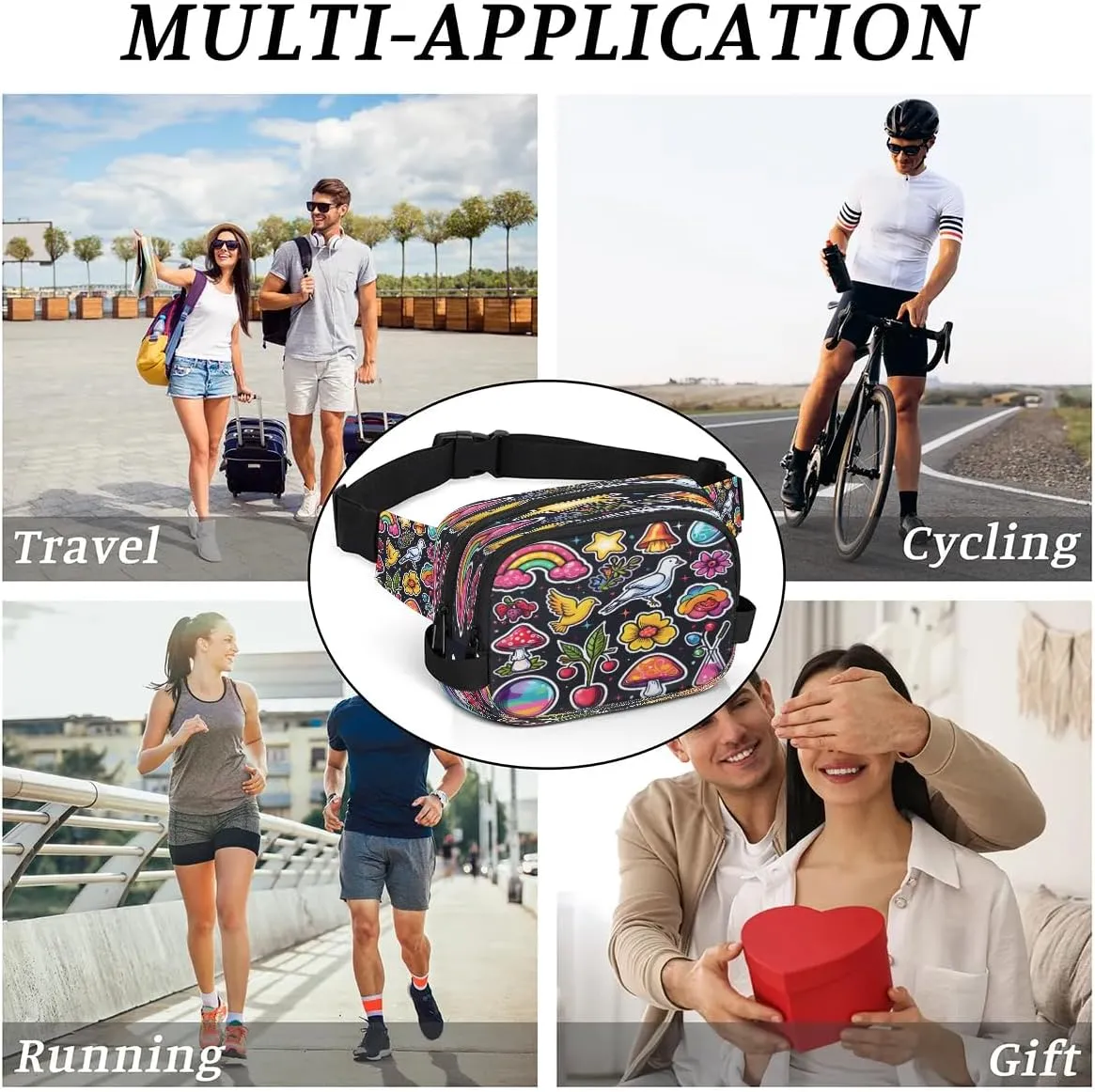 Abstraction Multi Patterns Fanny Packs for Women Men Waterproof Waist Bag with Adjustable Strap Belt Bag for Travel Running Hiking