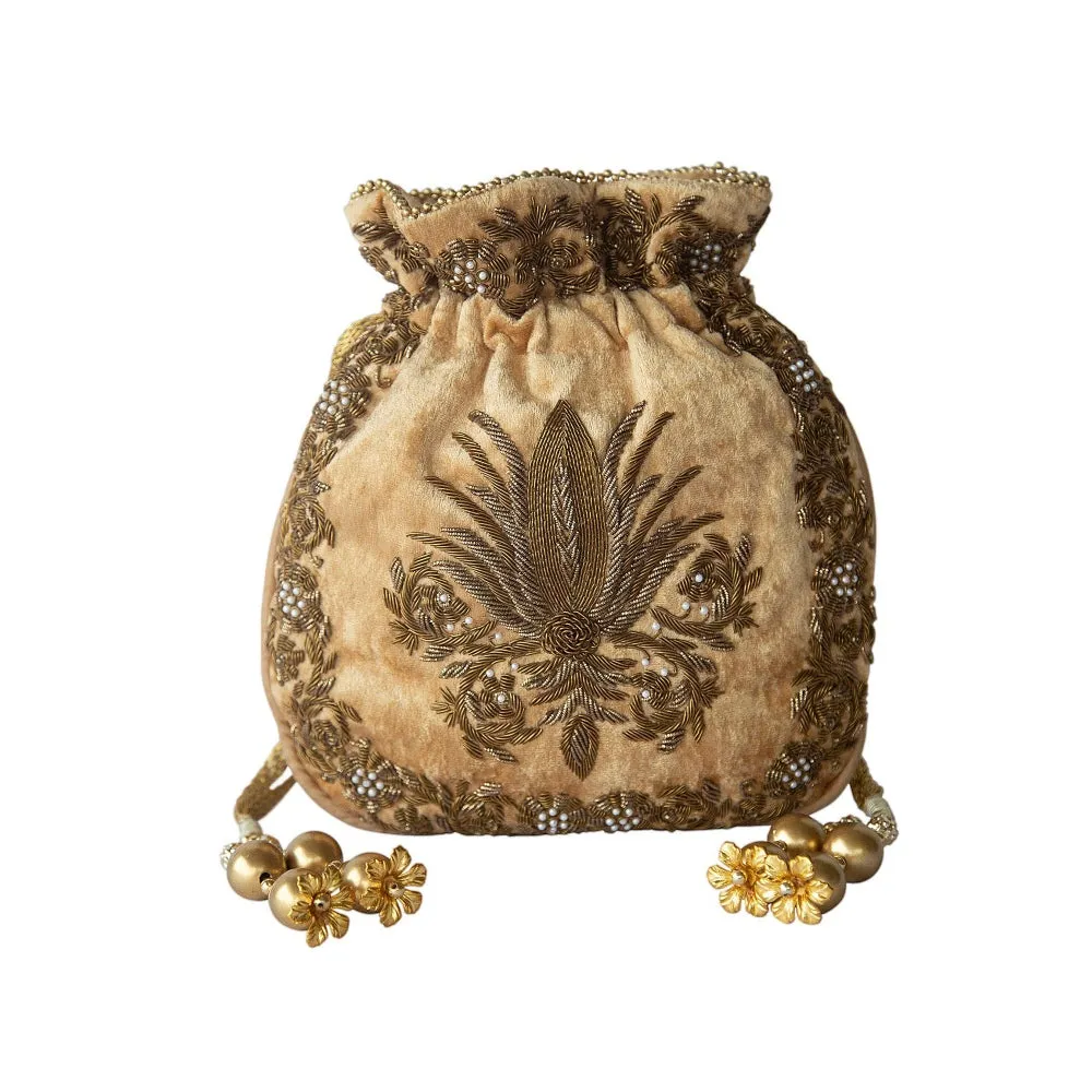 Adora By Ankita Gold Velvet Fleur De Lis Bag