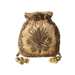 Adora By Ankita Gold Velvet Fleur De Lis Bag