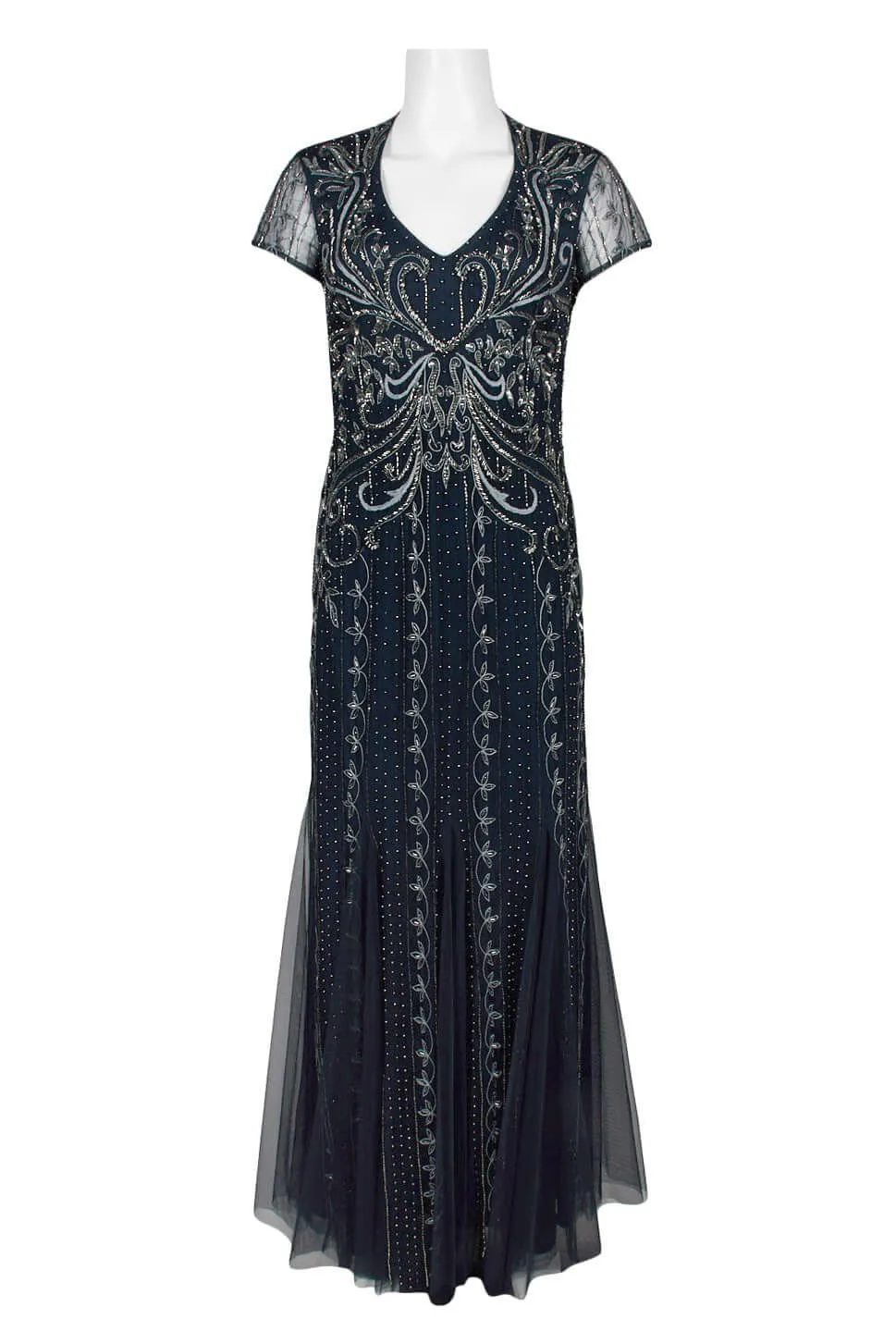 Adrianna Papell V-Neck Sort Sleeve Godet Cutout Back Embellished Mesh Gown