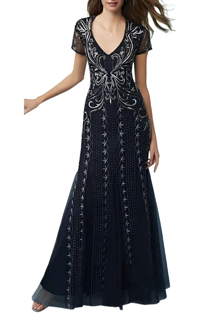 Adrianna Papell V-Neck Sort Sleeve Godet Cutout Back Embellished Mesh Gown