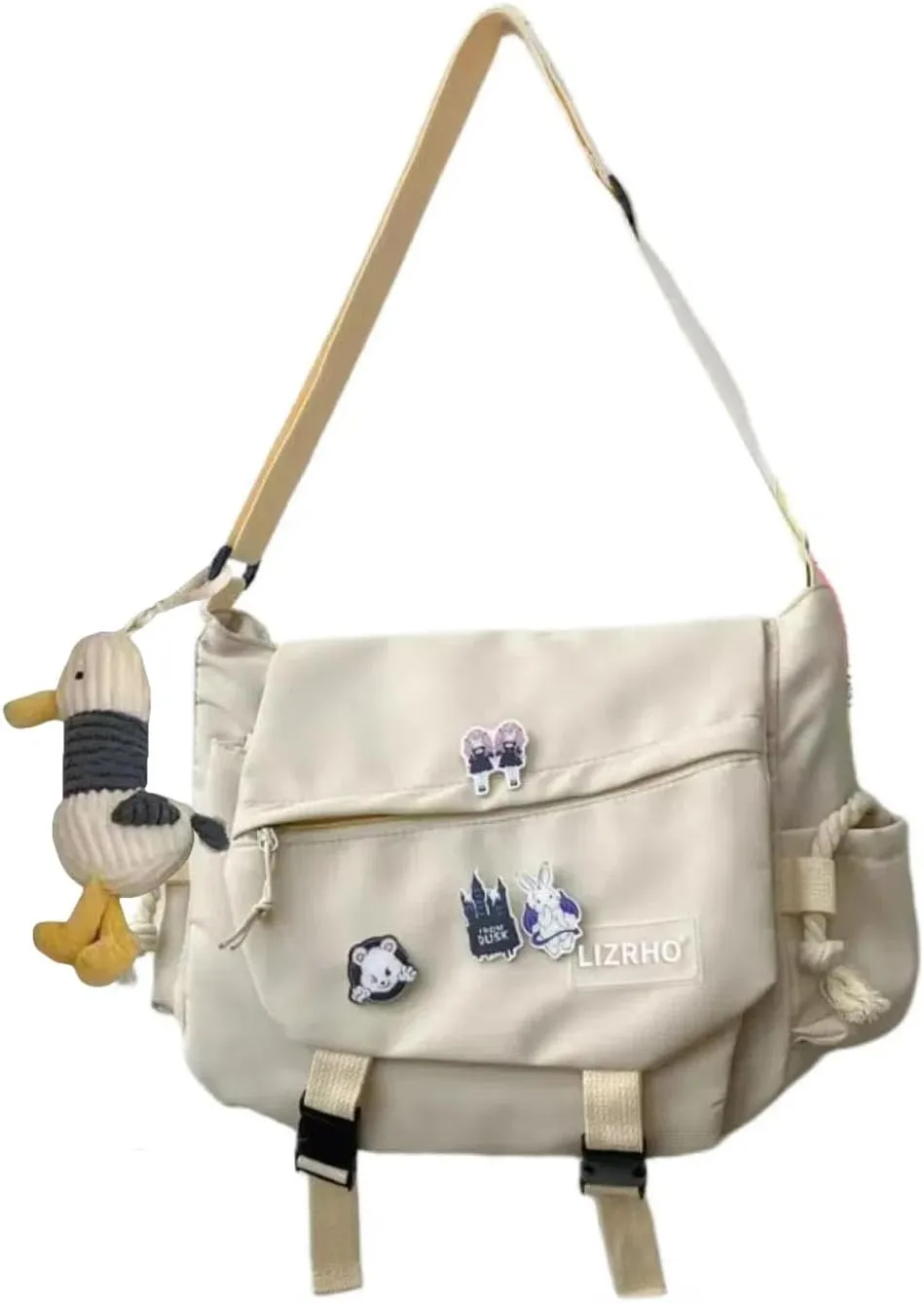 Aesthetic Crossbody Bag with Pins & Cute Accessory Kawaii Japanese Nylon Shoulder Messenger Bag for Women Men (white)