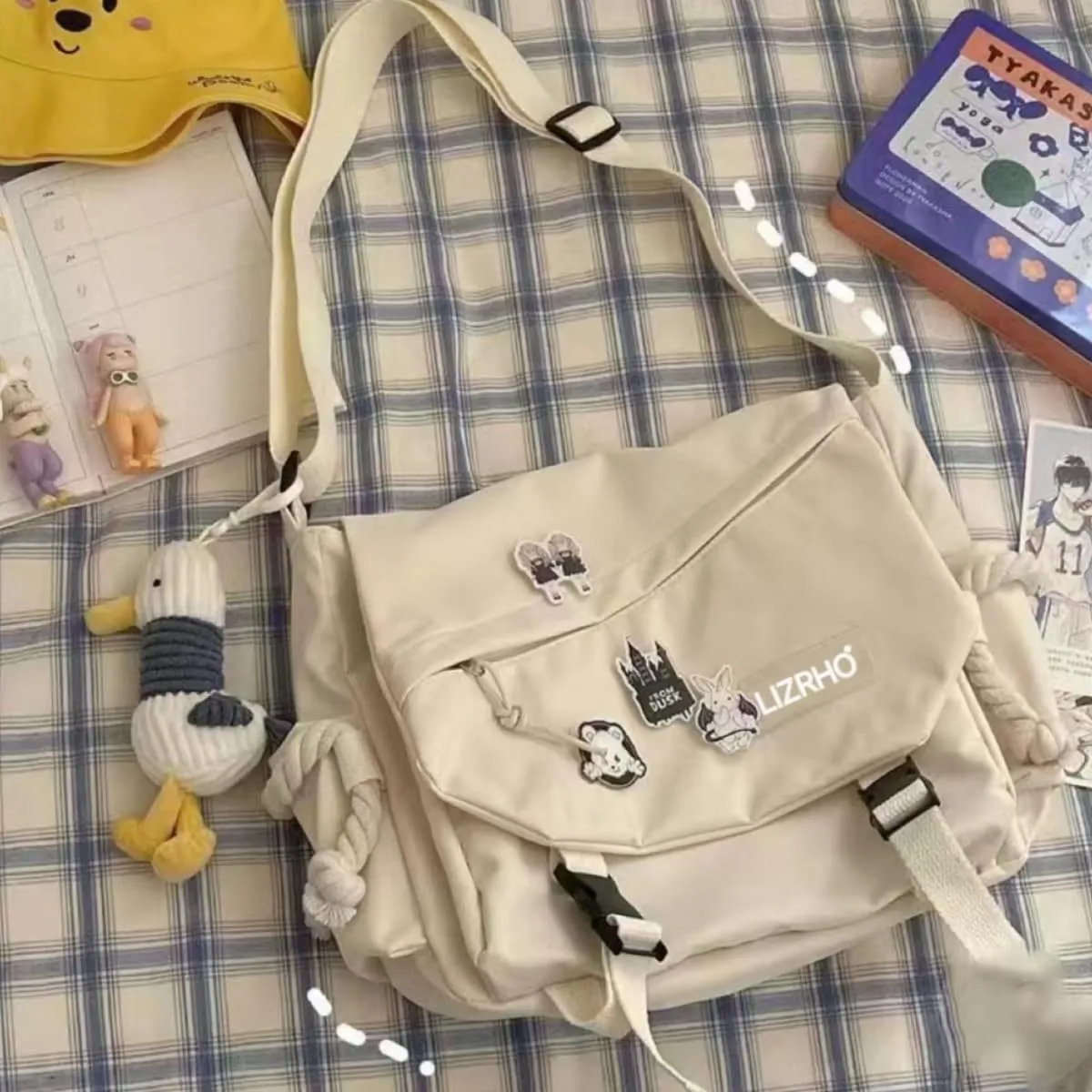 Aesthetic Crossbody Bag with Pins & Cute Accessory Kawaii Japanese Nylon Shoulder Messenger Bag for Women Men (white)