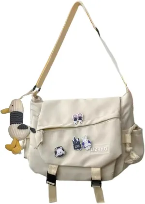 Aesthetic Crossbody Bag with Pins & Cute Accessory Kawaii Japanese Nylon Shoulder Messenger Bag for Women Men (white)