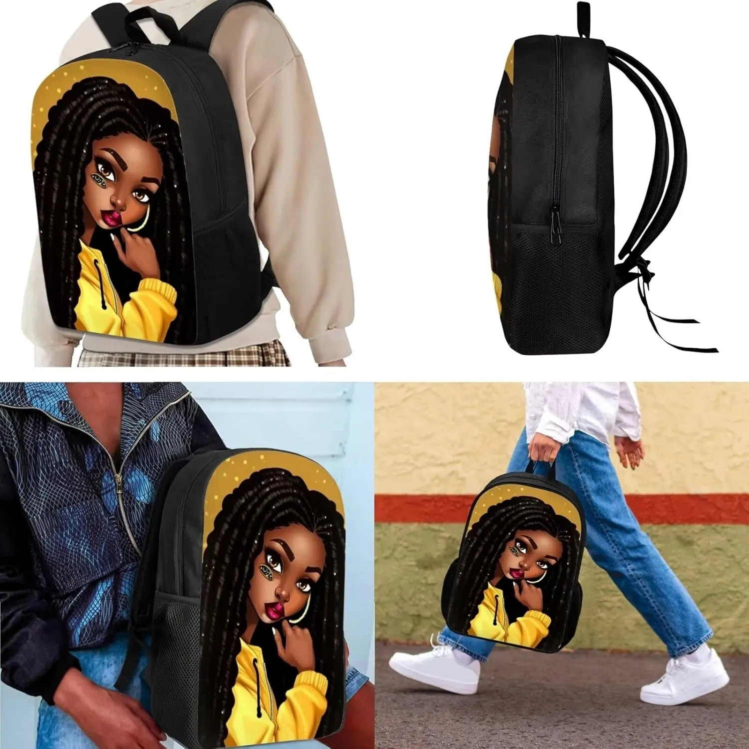 African Girl Backpack for School Lunch Box Kids Bookbag Girls School Bags Magic Afro Women Print Backpack Lunchbag Pencil Case for Kids Elementary