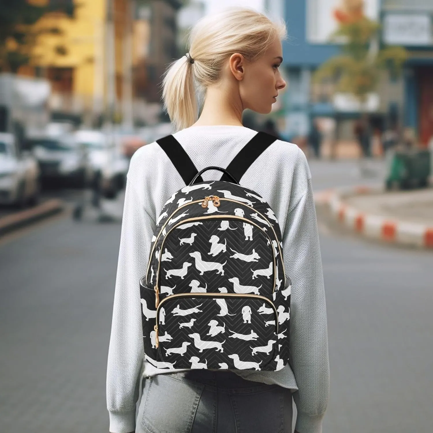 ALAZA Mini Backpack Purse for Women Lightweight Girls Small Size Dachshund Dog Cartoon Black School Teens College Traveling