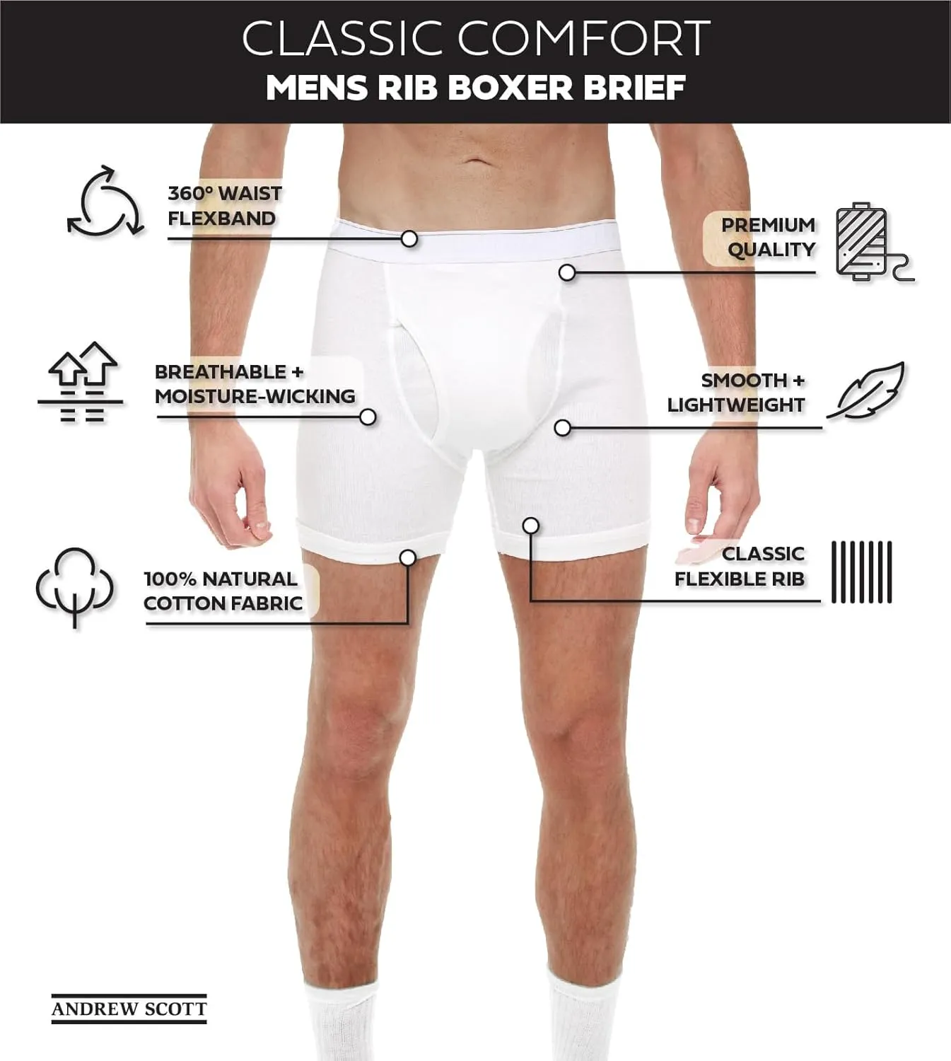 Andrew Scott Big & Tall Men's Cotton Boxer Briefs | Multi Packs Colors Underwear Sizes S to 8XL