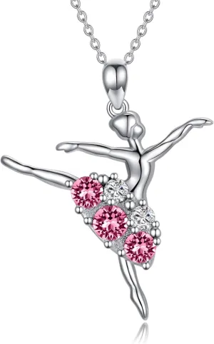 AOBOCO Ballerina Necklace 925 Sterling Silver Dancer Pendant Embellished with Birthstone Crystals from Austria, Christmas Ballet Recital Themed Dancer Gifts for Women
