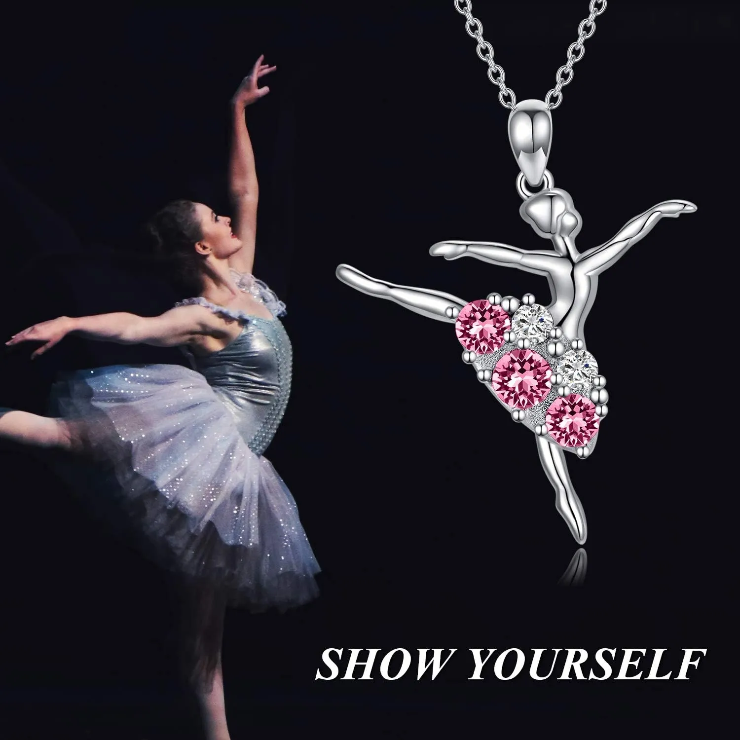 AOBOCO Ballerina Necklace 925 Sterling Silver Dancer Pendant Embellished with Birthstone Crystals from Austria, Christmas Ballet Recital Themed Dancer Gifts for Women
