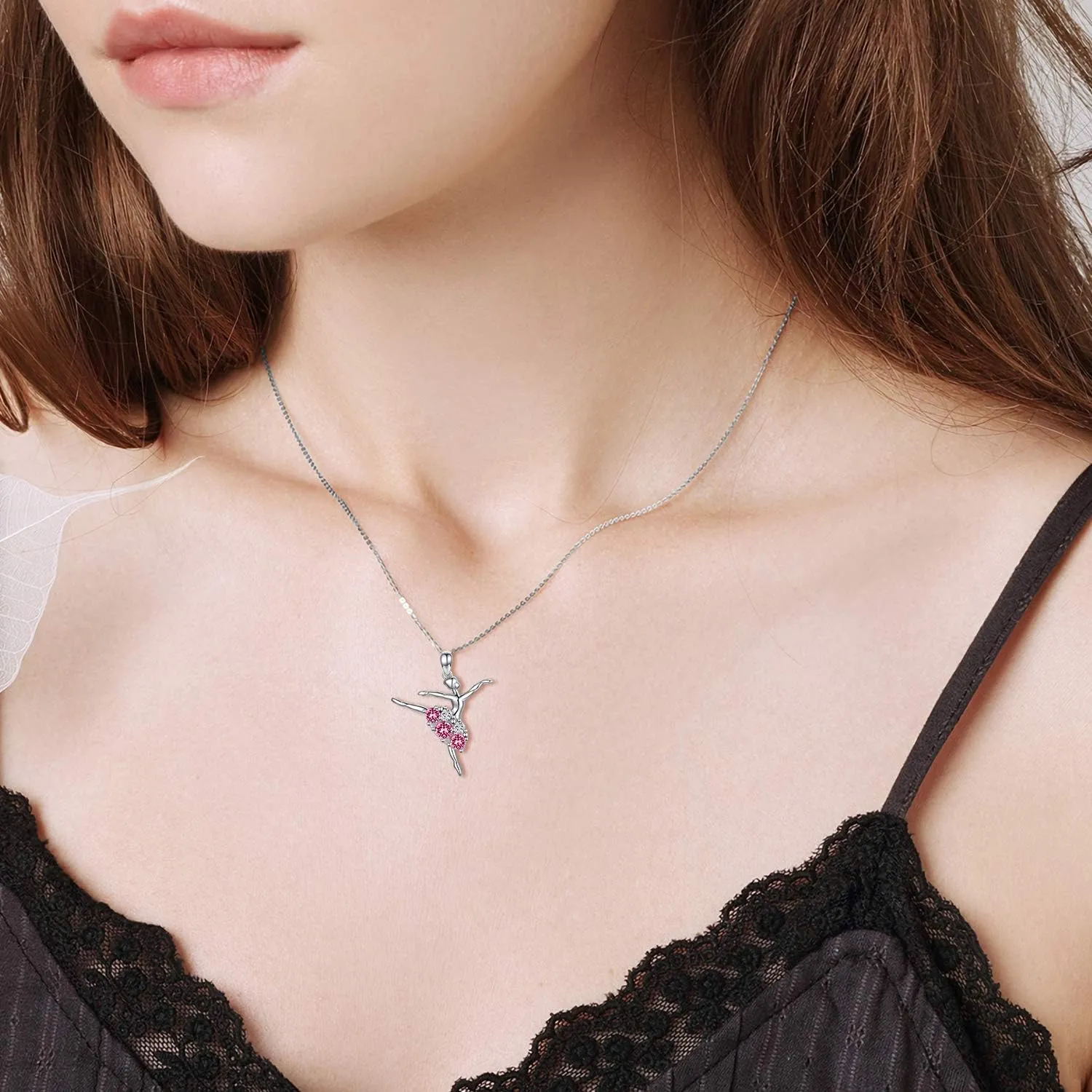 AOBOCO Ballerina Necklace 925 Sterling Silver Dancer Pendant Embellished with Birthstone Crystals from Austria, Christmas Ballet Recital Themed Dancer Gifts for Women