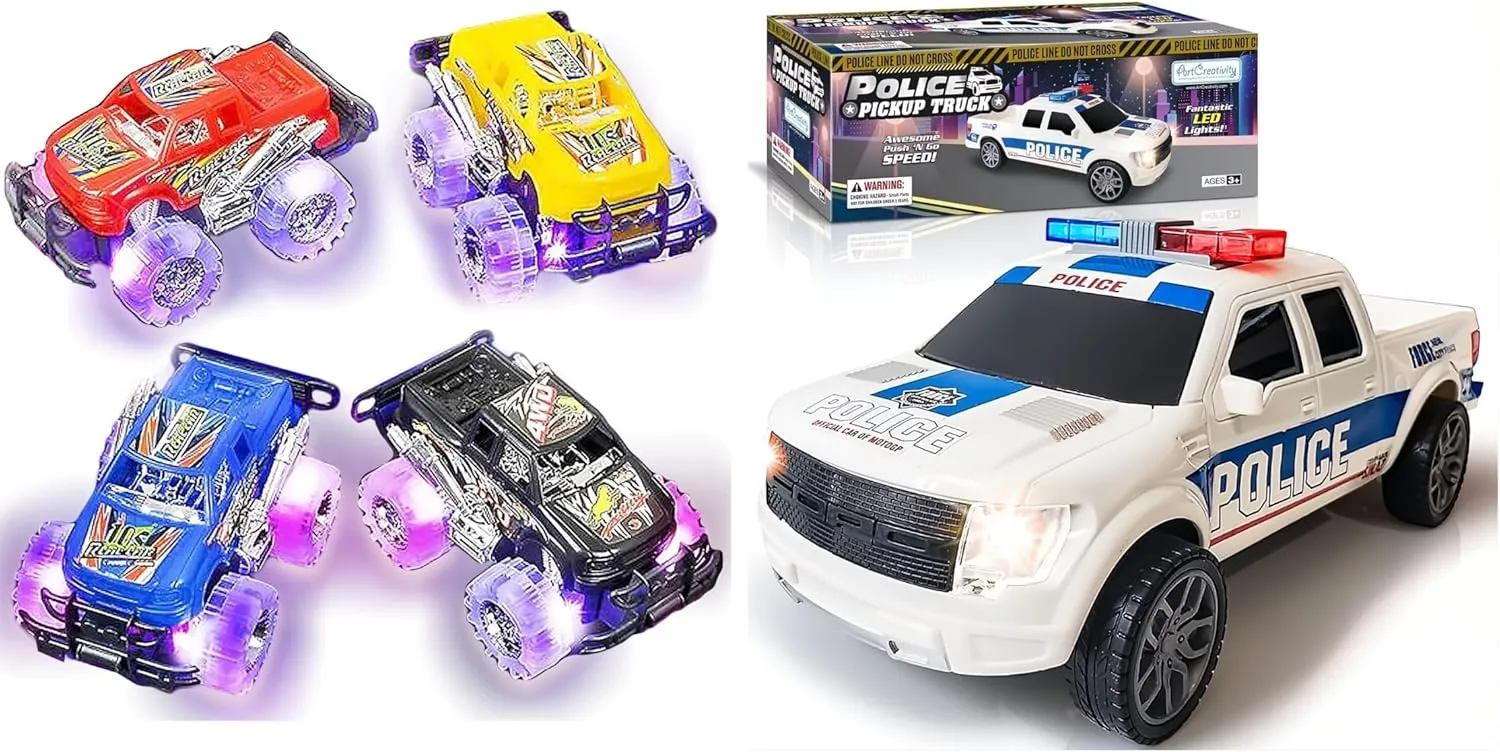 ArtCreativity Light Up Monster Trucks & Police Car Pickup Truck with LED Headlights and Siren
