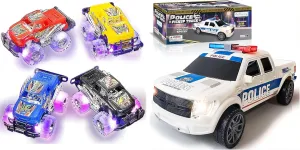 ArtCreativity Light Up Monster Trucks & Police Car Pickup Truck with LED Headlights and Siren