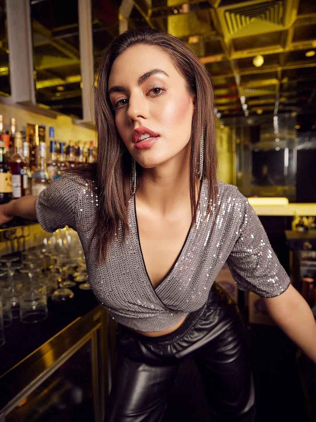 Athena Grey Embellished V-Neck Sequin Crop Top