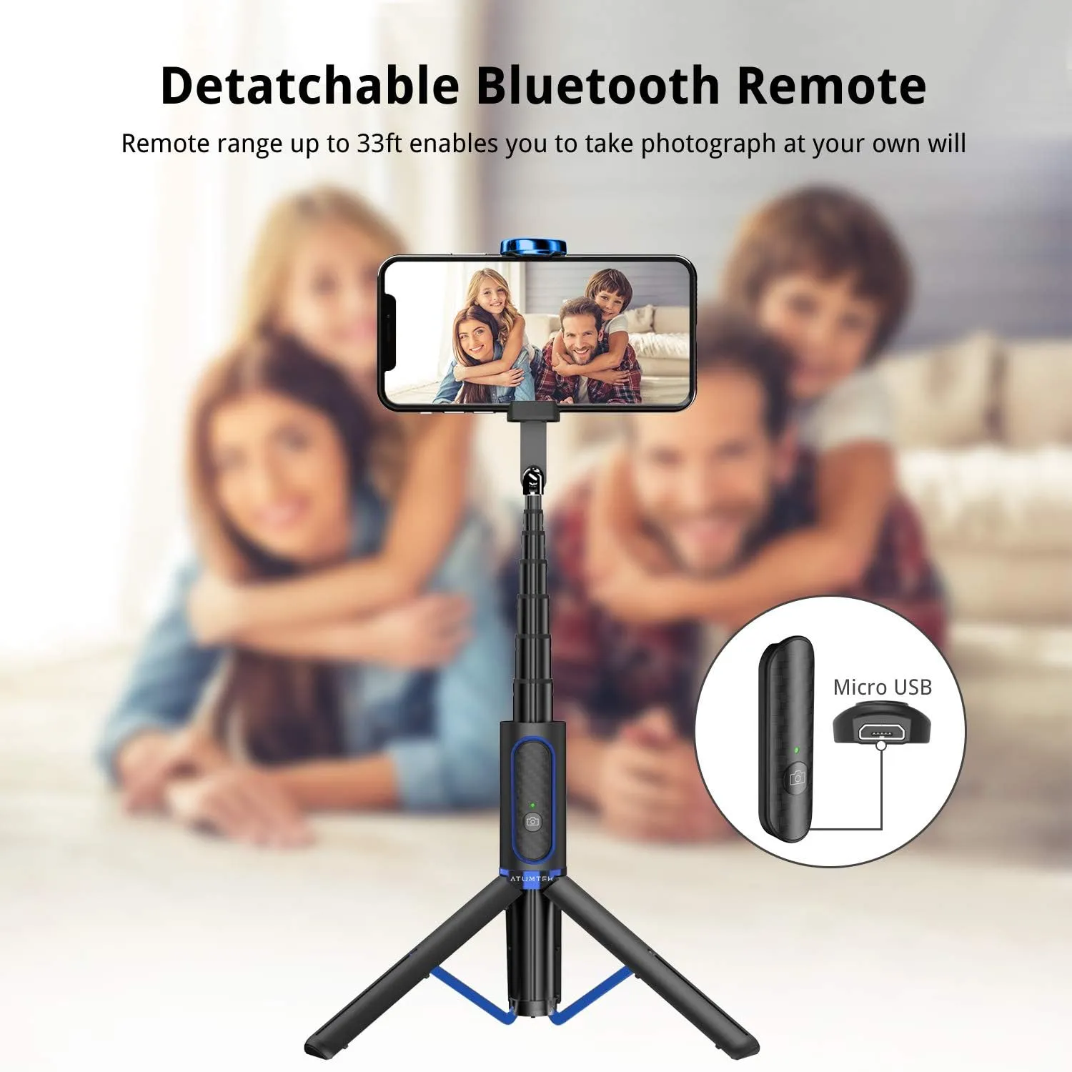 ATUMTEK Selfie Stick Tripod, Extendable 3 in 1 Aluminum Bluetooth Selfie Stick with Wireless Remote and Tripod Stand for iPhone 16/15/14/13/12/11 Pro Max/XS Max/XS/XR/X/8/7, Samsung Smartphones Blue