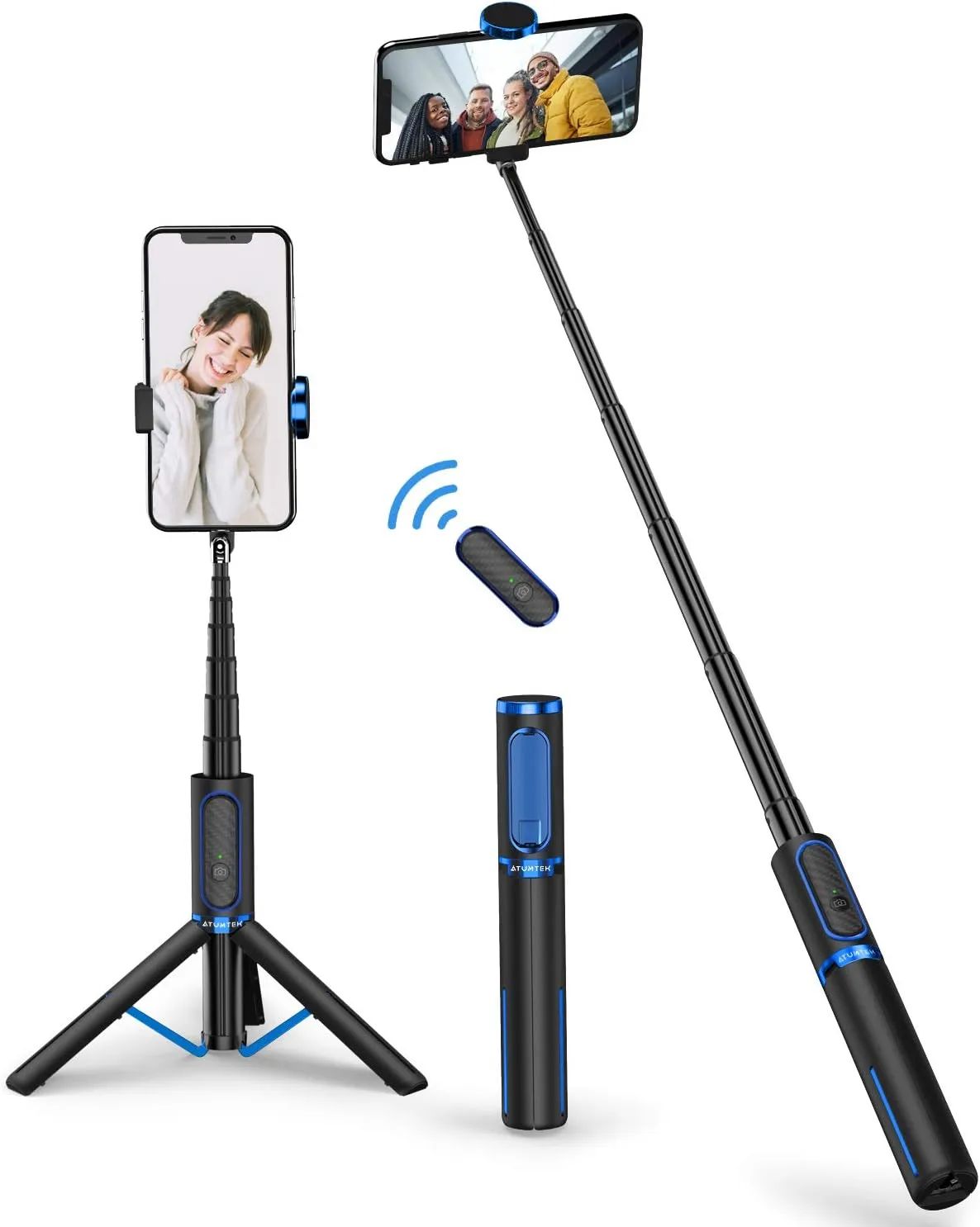 ATUMTEK Selfie Stick Tripod, Extendable 3 in 1 Aluminum Bluetooth Selfie Stick with Wireless Remote and Tripod Stand for iPhone 16/15/14/13/12/11 Pro Max/XS Max/XS/XR/X/8/7, Samsung Smartphones Blue
