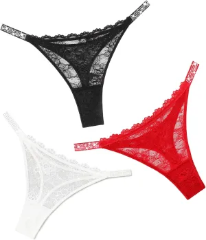 Avidlove Lace Thongs for Women with Rhinestone-Embellished Strap Cheeky Underwear Sexy Panties 1-3 Pack