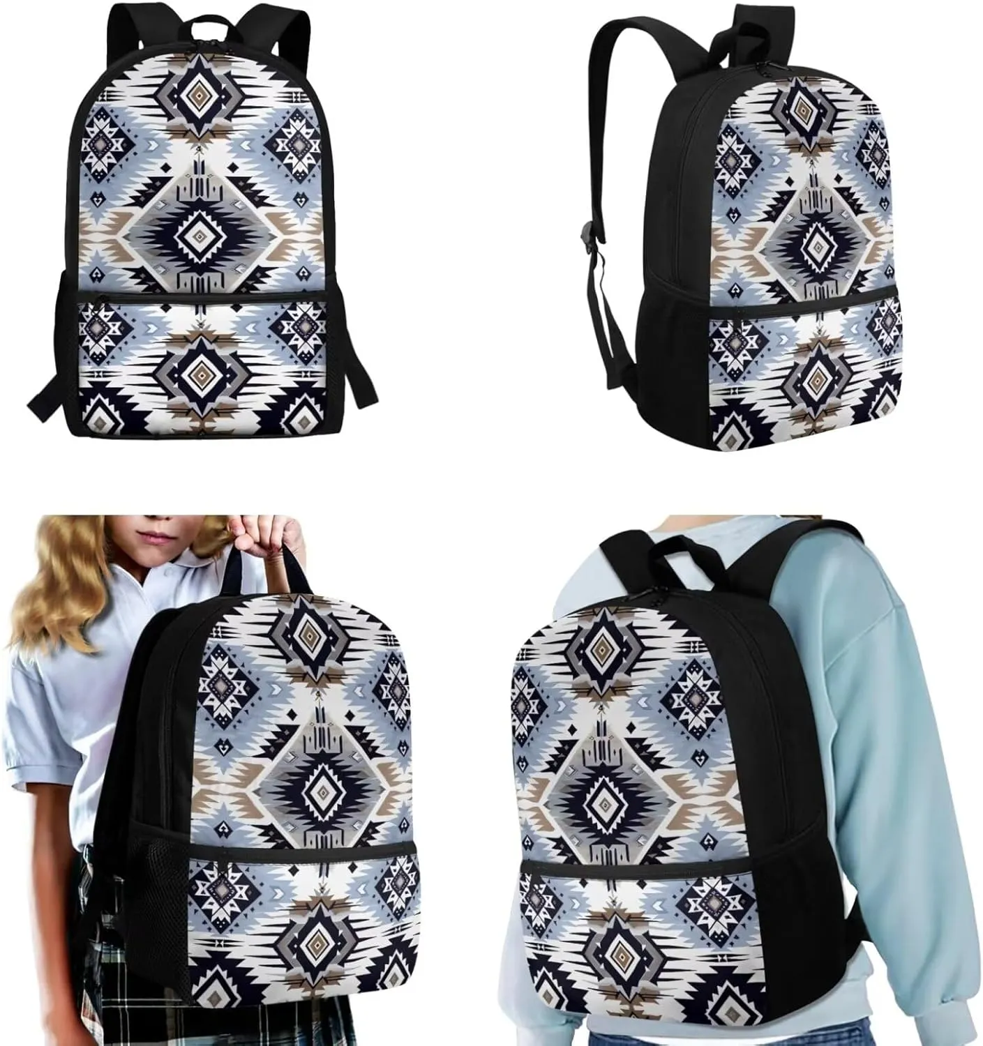 Aztec Boho School Bags for Teen Girls 10-12/12-14 Kids Backpack Set Middle School Students Bookbag Insulated Lunch Box Pencil Case Boys School Bag 17inch Back Pack Western Bagpack