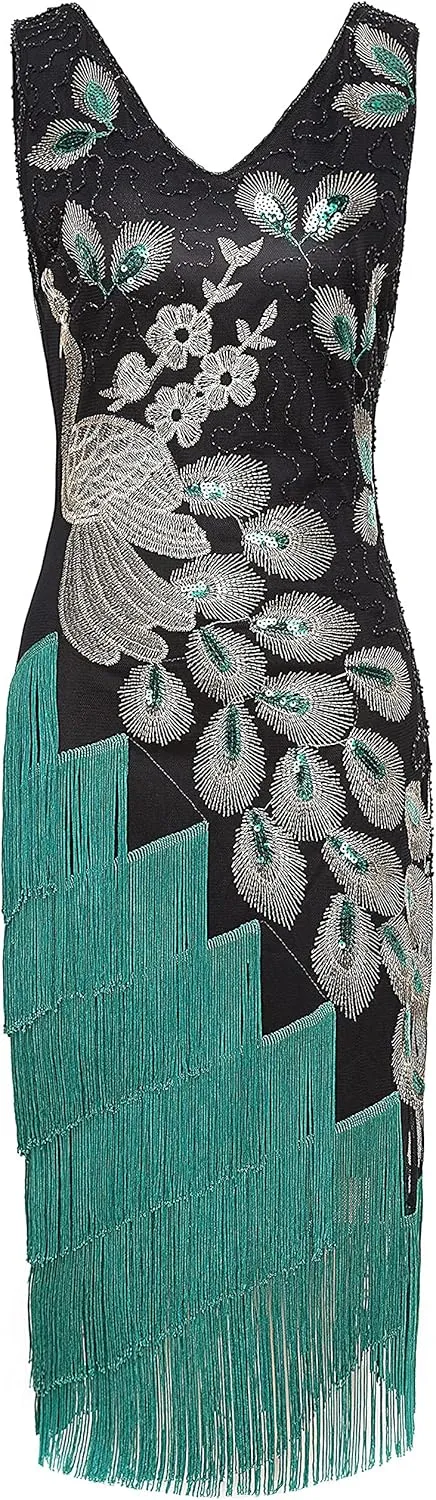 BABEYOND 1920s Vintage Peacock Sequined Dress Gatsby Fringed Flapper Dress Roaring 20s Party Dress
