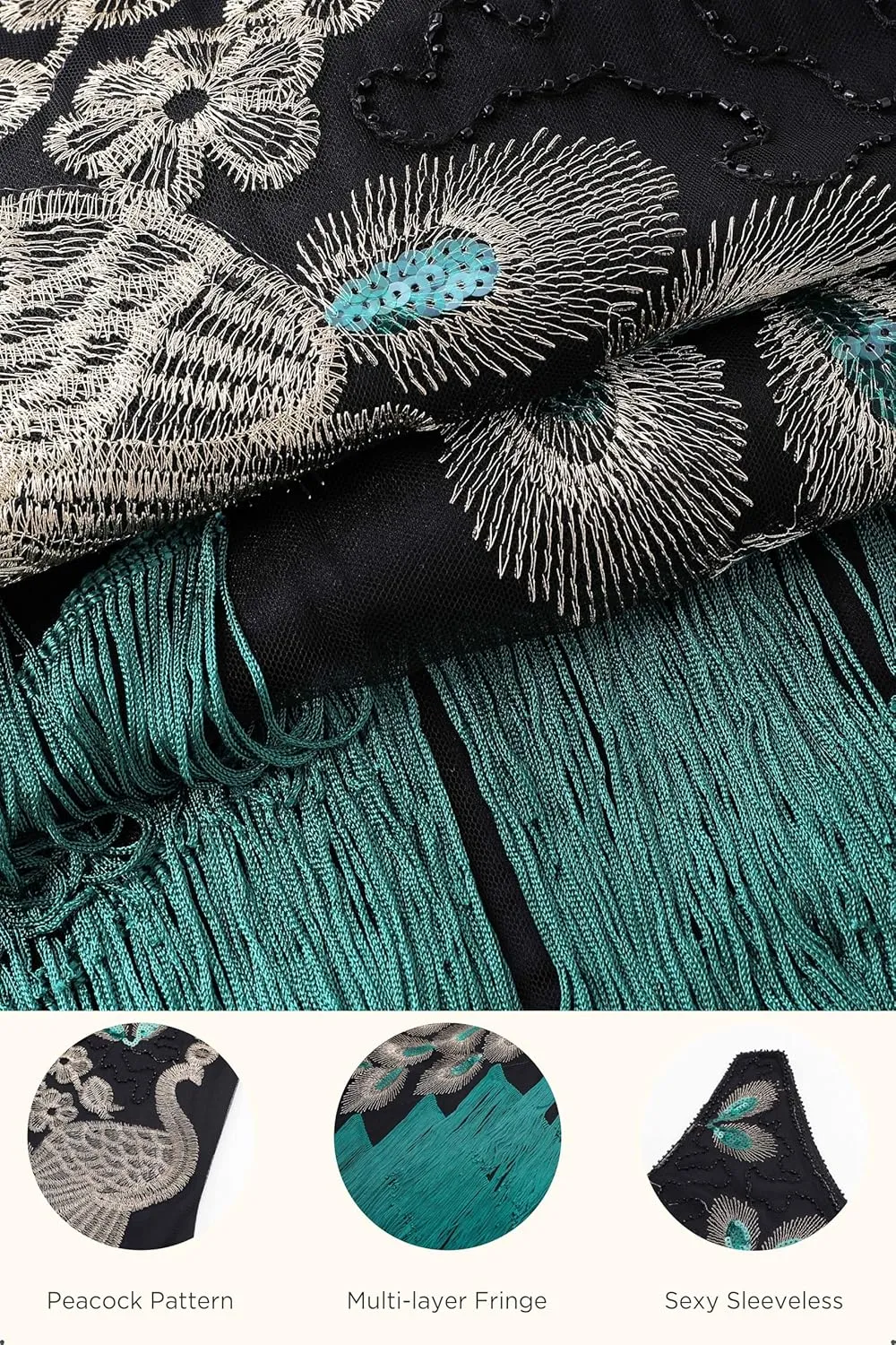 BABEYOND 1920s Vintage Peacock Sequined Dress Gatsby Fringed Flapper Dress Roaring 20s Party Dress