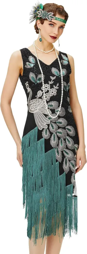 BABEYOND 1920s Vintage Peacock Sequined Dress Gatsby Fringed Flapper Dress Roaring 20s Party Dress