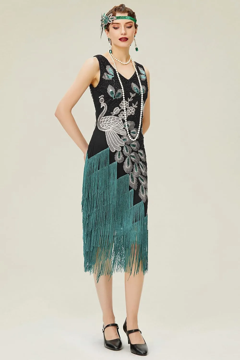 BABEYOND 1920s Vintage Peacock Sequined Dress Gatsby Fringed Flapper Dress Roaring 20s Party Dress