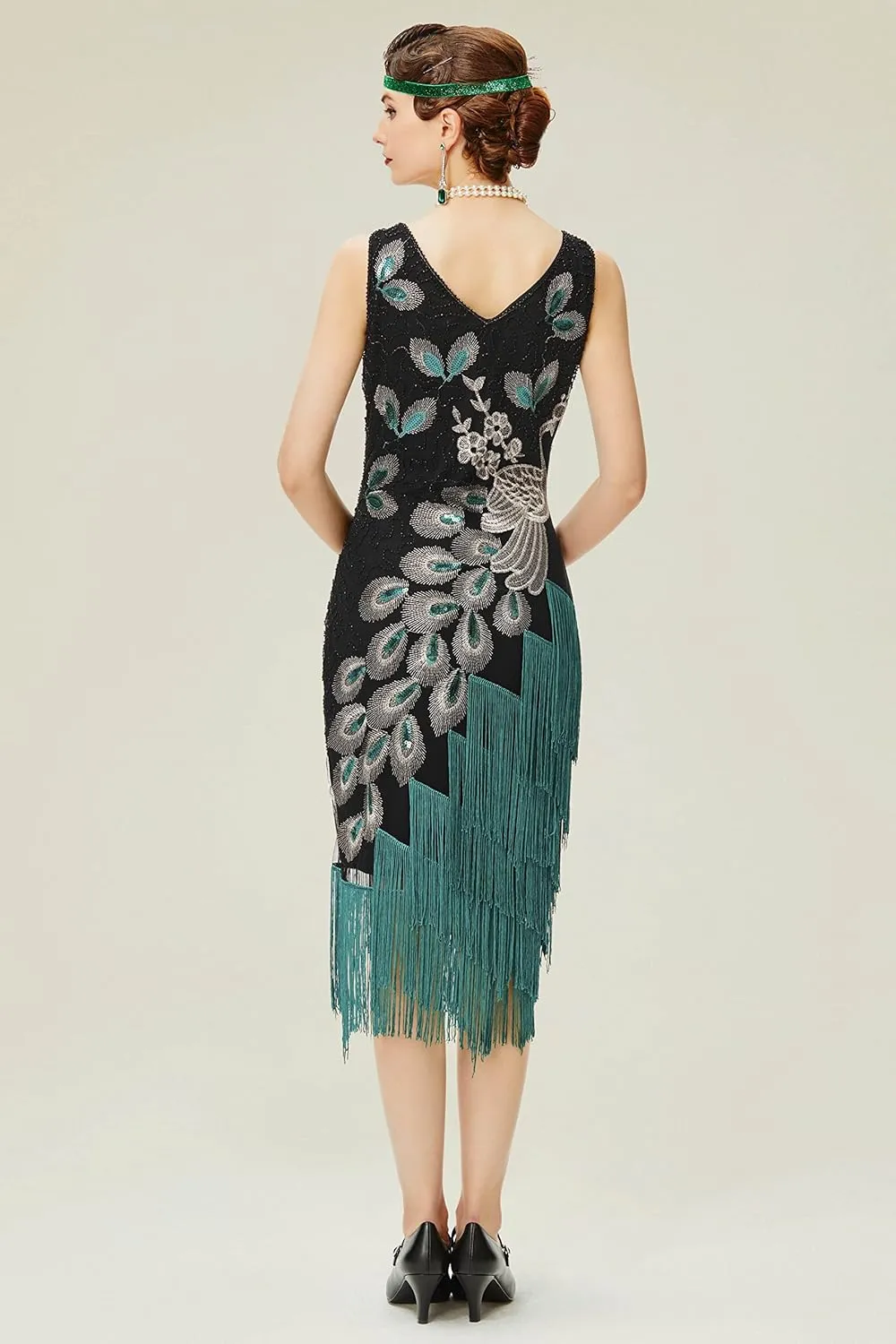 BABEYOND 1920s Vintage Peacock Sequined Dress Gatsby Fringed Flapper Dress Roaring 20s Party Dress