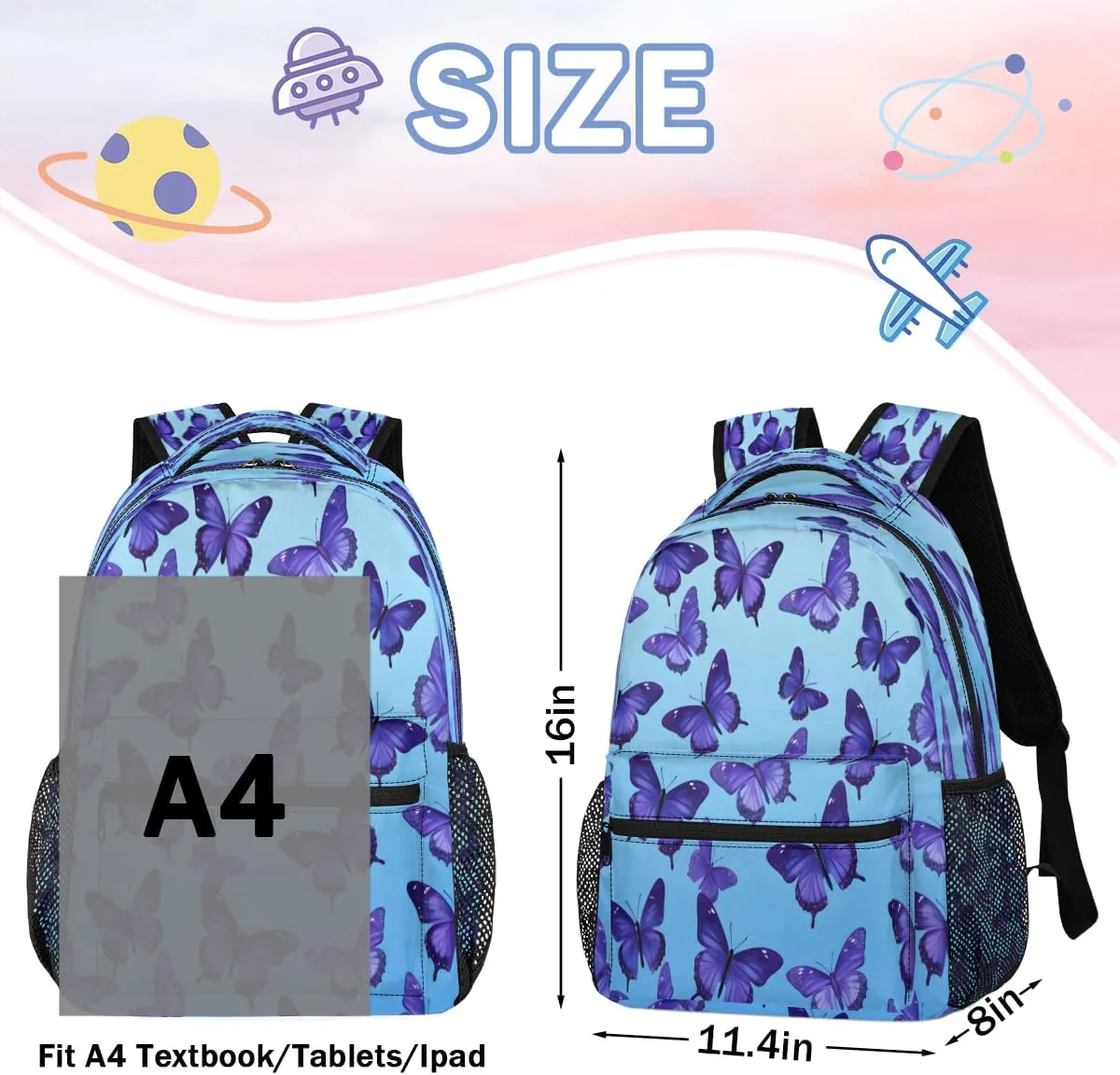 Backpack for Women Men, Waterproof Butterfly Theme Casual Back Packs, Lightweight Butterfly Daypack Bags for Travel Camping Work