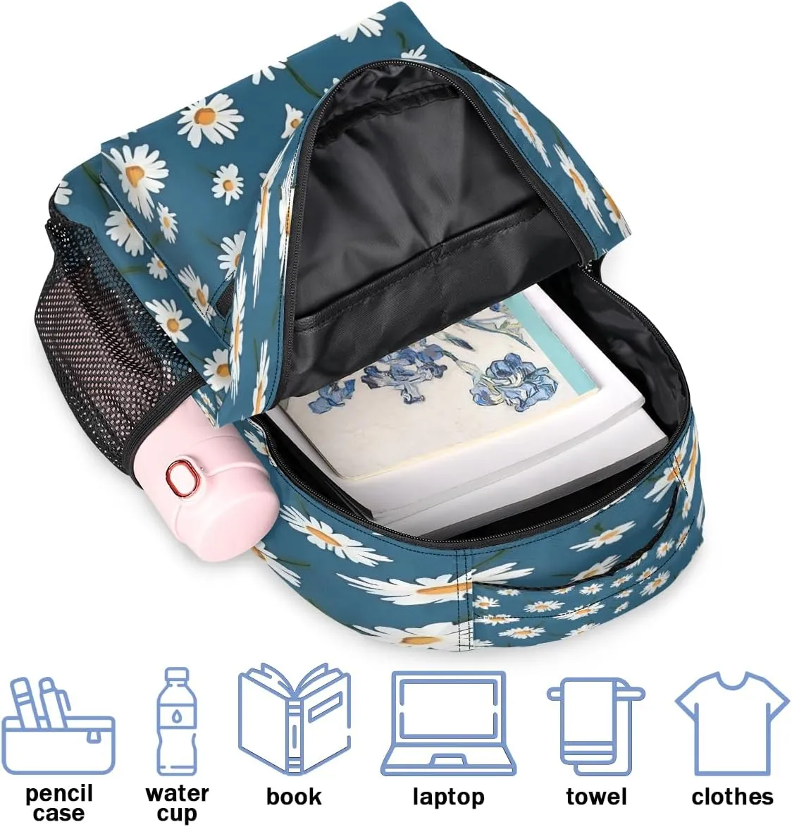 Backpack for Women Men, Waterproof Daisy Print Casual Back Packs, Lightweight Daypack Bags for Travel Camping Work