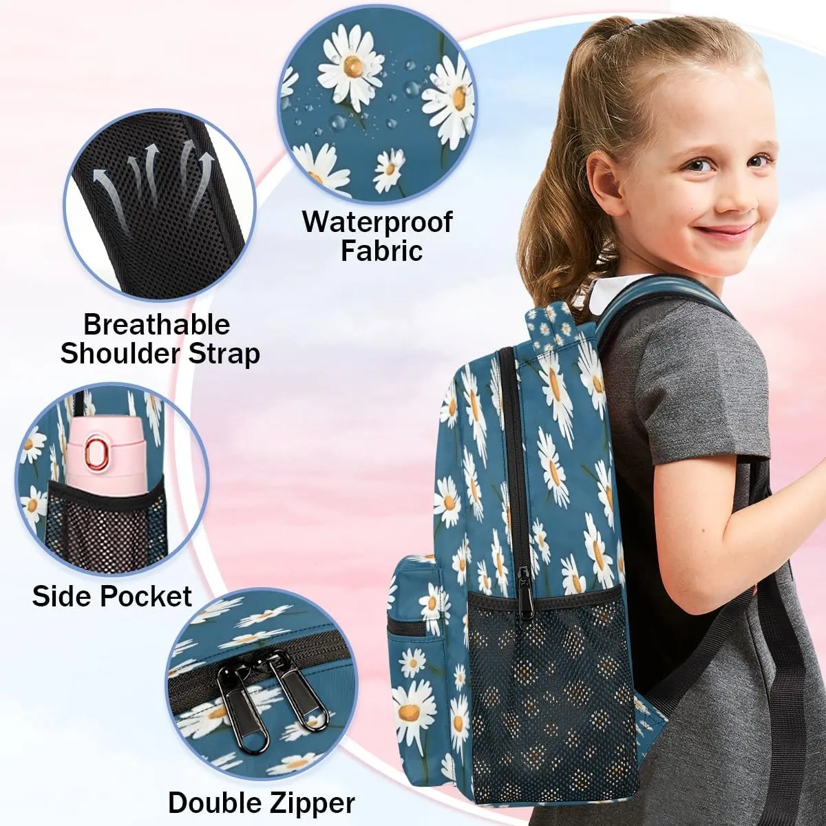 Backpack for Women Men, Waterproof Daisy Print Casual Back Packs, Lightweight Daypack Bags for Travel Camping Work