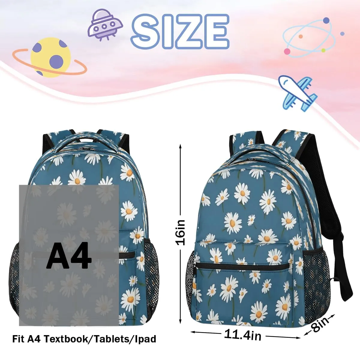 Backpack for Women Men, Waterproof Daisy Print Casual Back Packs, Lightweight Daypack Bags for Travel Camping Work