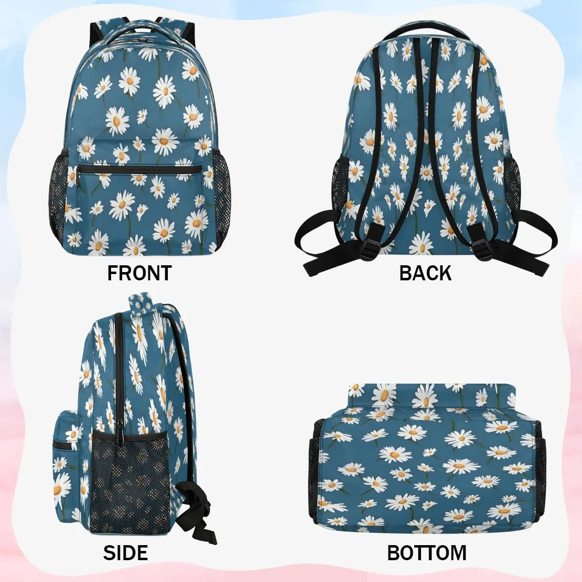 Backpack for Women Men, Waterproof Daisy Print Casual Back Packs, Lightweight Daypack Bags for Travel Camping Work