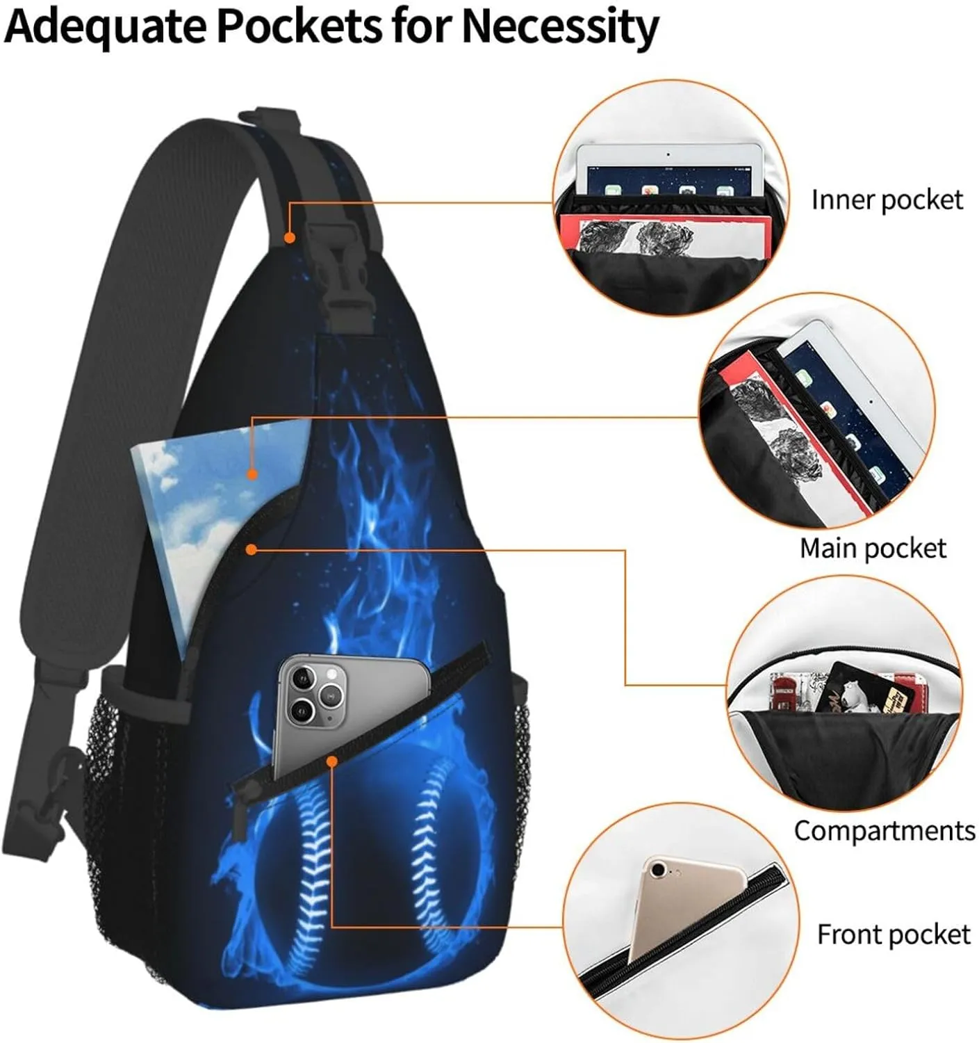 Baseball Ball In Blue Flames Chest Bags Crossbody Sling Bag Shoulder Bag Travel Hiking Daypack For Men Women