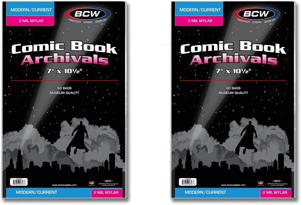 BCW Current/Modern Comic Mylar Archivals - 2 MIL - 100 Count Pack | Archival Comic Book Bags | Standard Size 7 x 10.5 Inches, Secure 1.5 Inch Flap | Protective Covers for Comic Book Collectors