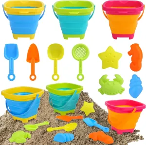 Beach Sand Toys Set for Kids, 3 Packs Collapsible Foldable Pail Bucket with Shovels Sand Molds, Multi Purpose for Outdoor Camping, Beach Party, Fishing, and Fun Summer Activities