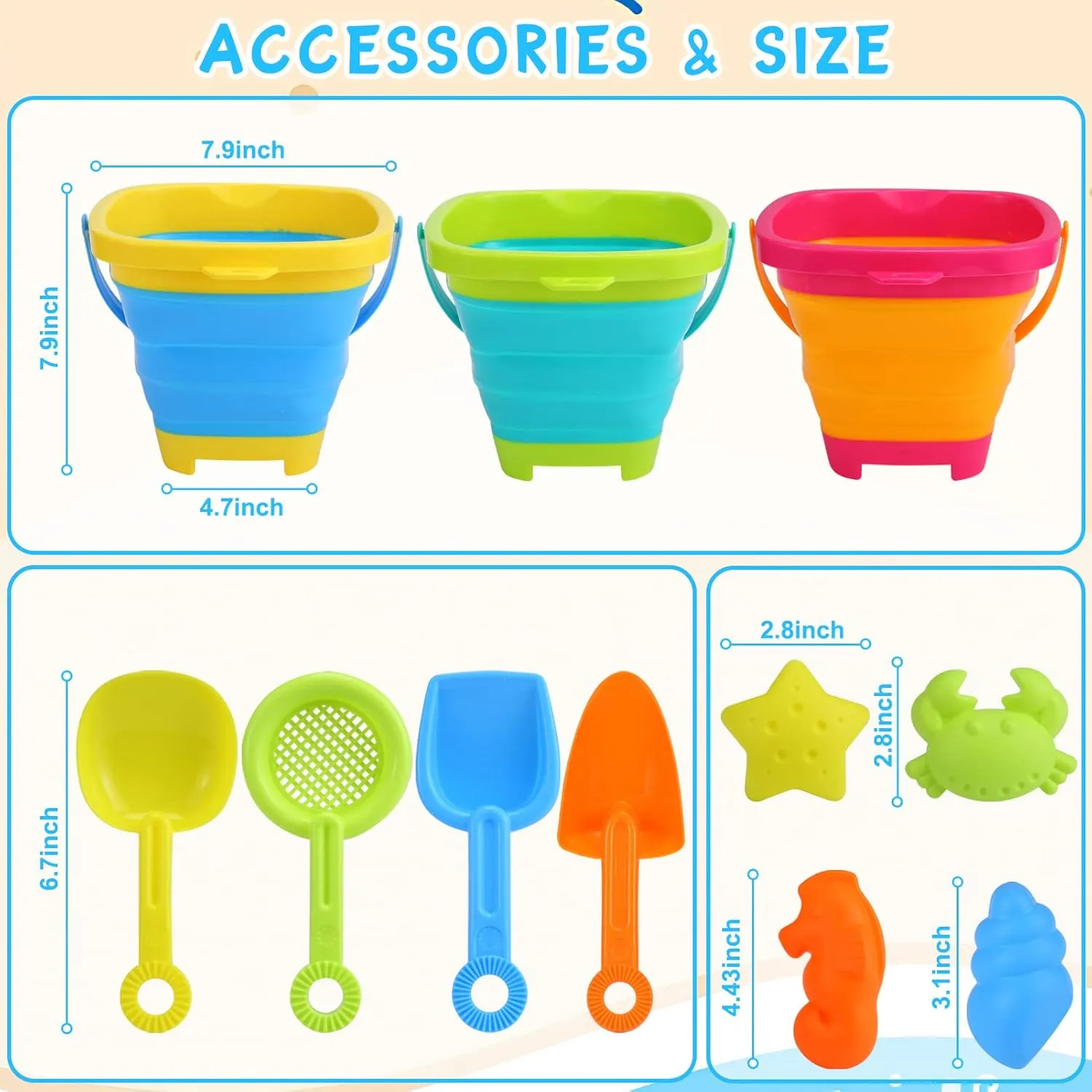 Beach Sand Toys Set for Kids, 3 Packs Collapsible Foldable Pail Bucket with Shovels Sand Molds, Multi Purpose for Outdoor Camping, Beach Party, Fishing, and Fun Summer Activities