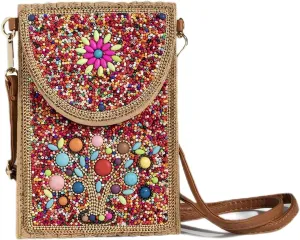 Beaded Crossbody Bag for Women, Small Cell Phone Shoulder Purse Wallet, Straw Woven Design with Colorful beads Embellishments