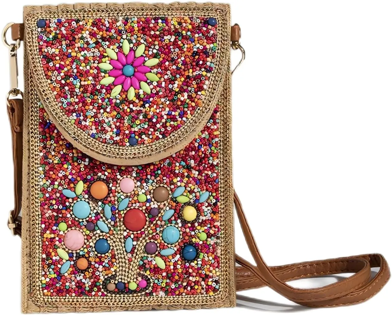 Beaded Crossbody Bag for Women, Small Cell Phone Shoulder Purse Wallet, Straw Woven Design with Colorful beads Embellishments