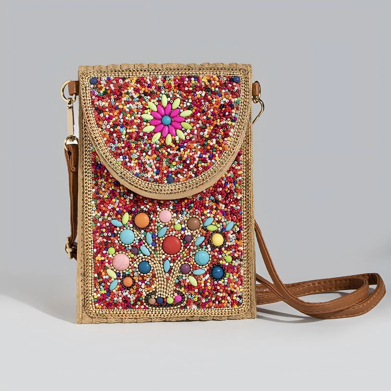 Beaded Crossbody Bag for Women, Small Cell Phone Shoulder Purse Wallet, Straw Woven Design with Colorful beads Embellishments