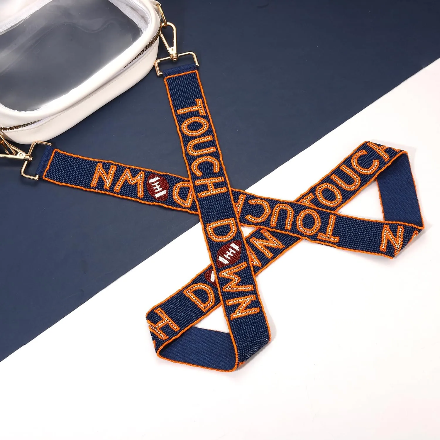 Beaded Purse Straps Game Day Purse Strap Replacement Crossbody Touch Down Purse Strap for Football Stadium Clear Bag Purse Handbag Game Day Outfits Accessories Gifts (Blue&Orange)