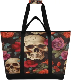 Beautiful Flowers and Skull Reusable Insulated Lunchbox Cooler Bag, Leakproof Kitchen Grocery Bag Collapsible Portable Cooler Tote Bag for Picnic, Camping, Office, Travel