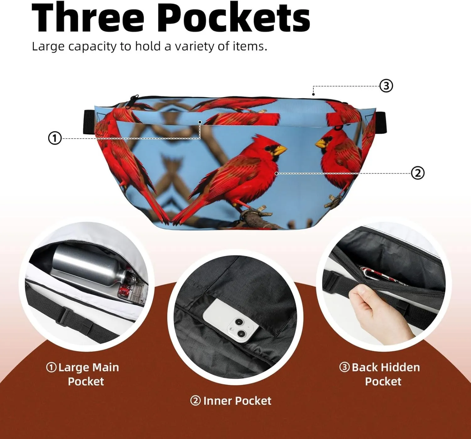beautiful red Bird Multi-Purpose Fanny Pack and Crossbody Bag - High Capacity with Zipper Pockets, Ideal for Men and Women