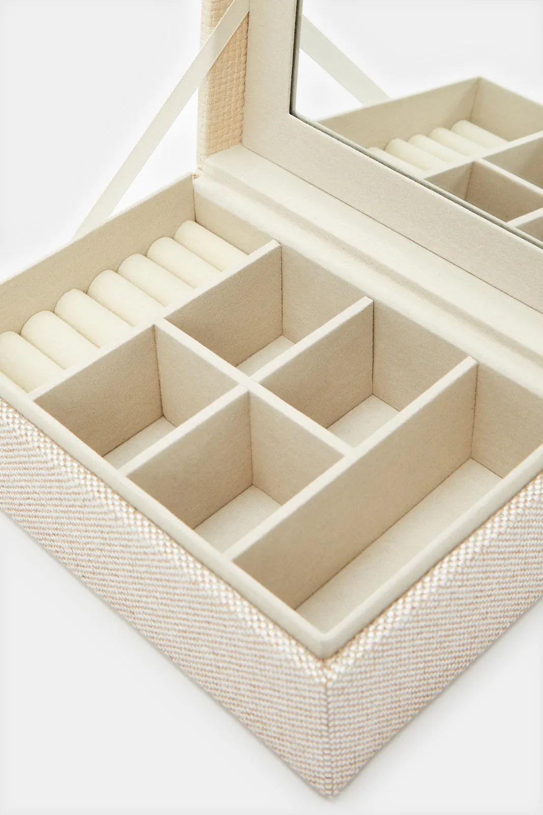 Beige Embellished Jewellery Box With Mirror