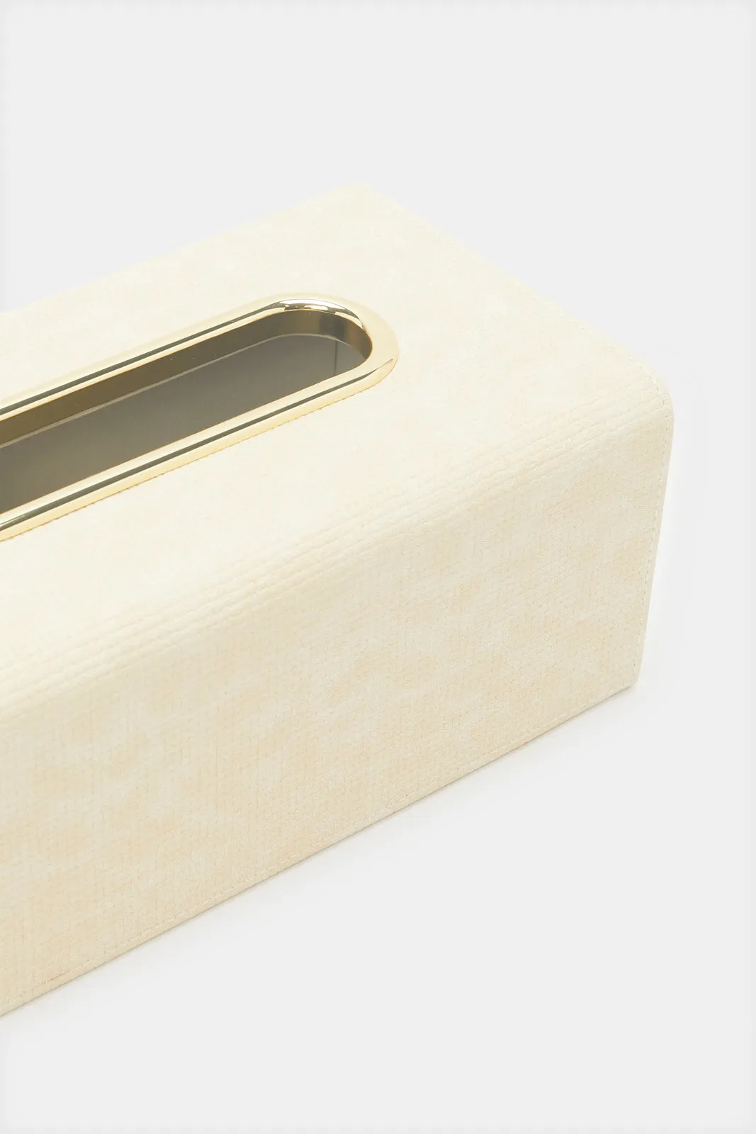 Beige Tissue Box With Metal Trim
