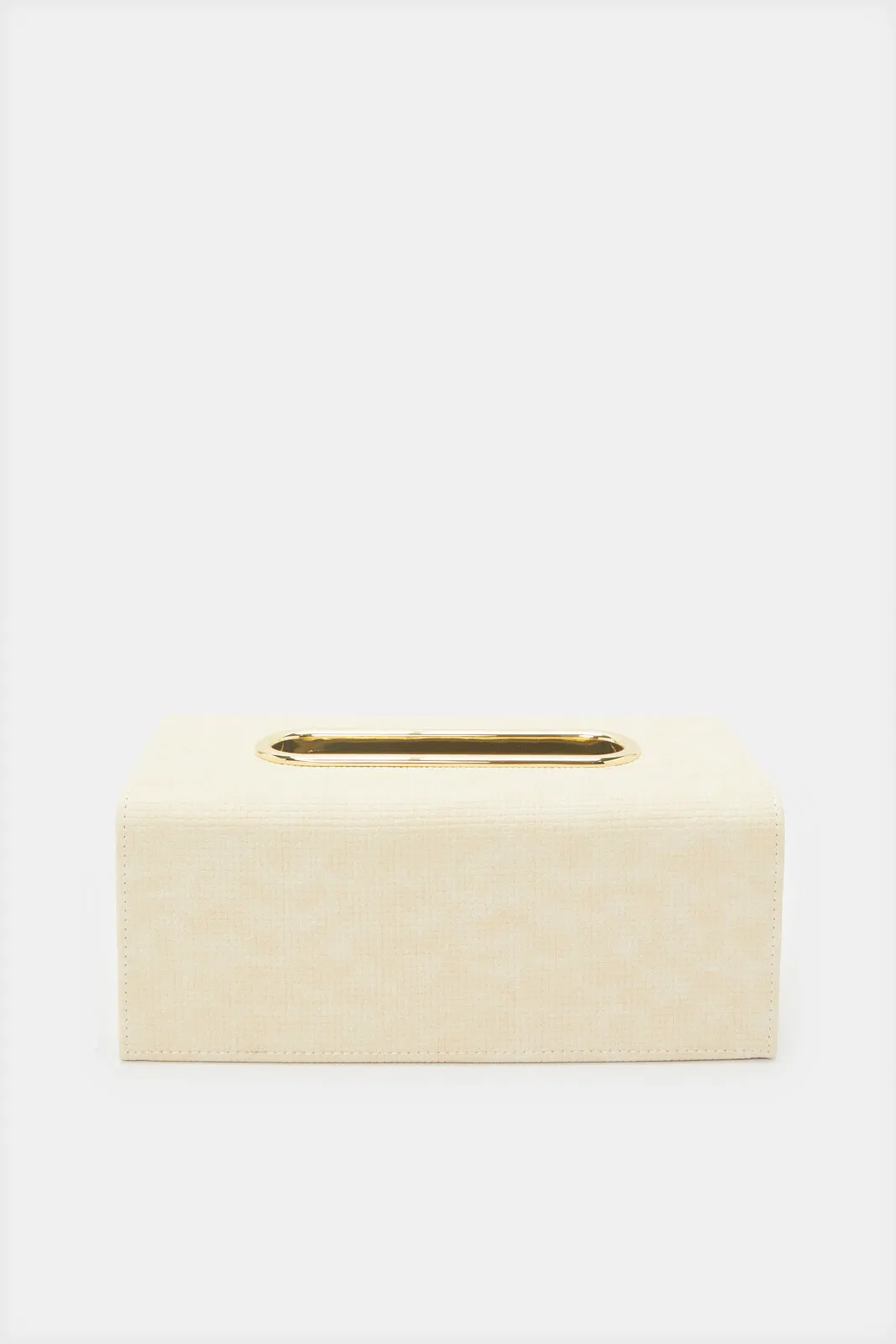 Beige Tissue Box With Metal Trim