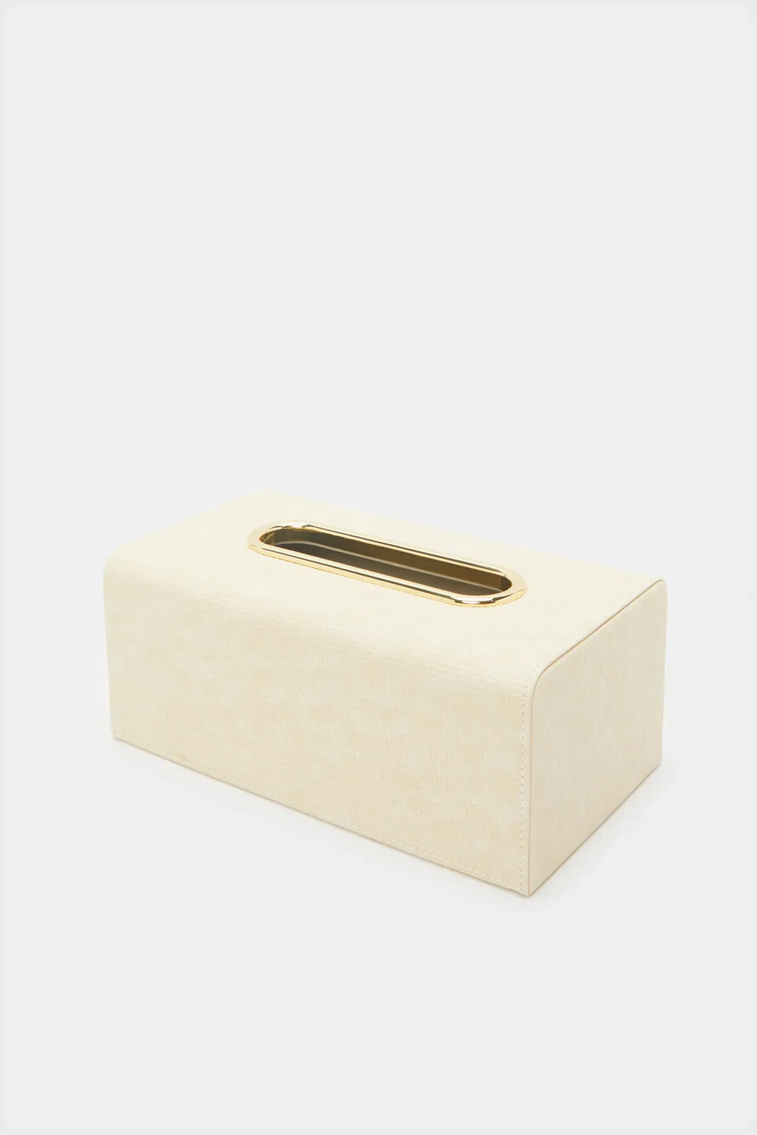 Beige Tissue Box With Metal Trim