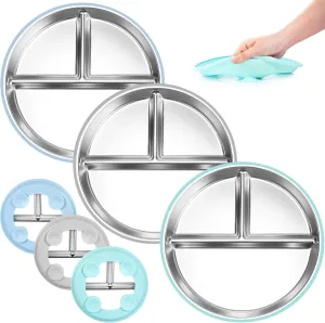 Bella's Friends Stainless Steel Kids Plates Suction Plate for Baby,3 Packs Non-Toxic Divided Toddler Plates,Food-Grade Silicone Plate for Baby,Dishwasher Safe,Blue Mint Green Grey
