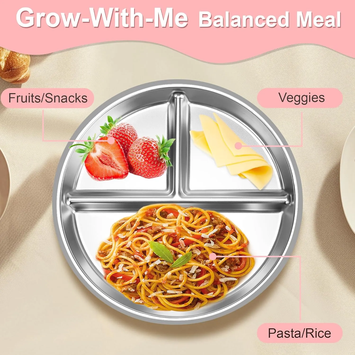 Bella's Friends Stainless Steel Kids Plates Suction Plate for Baby,3 Packs Non-Toxic Divided Toddler Plates,Food-Grade Silicone Plate for Baby,Dishwasher Safe,Blue Mint Green Grey
