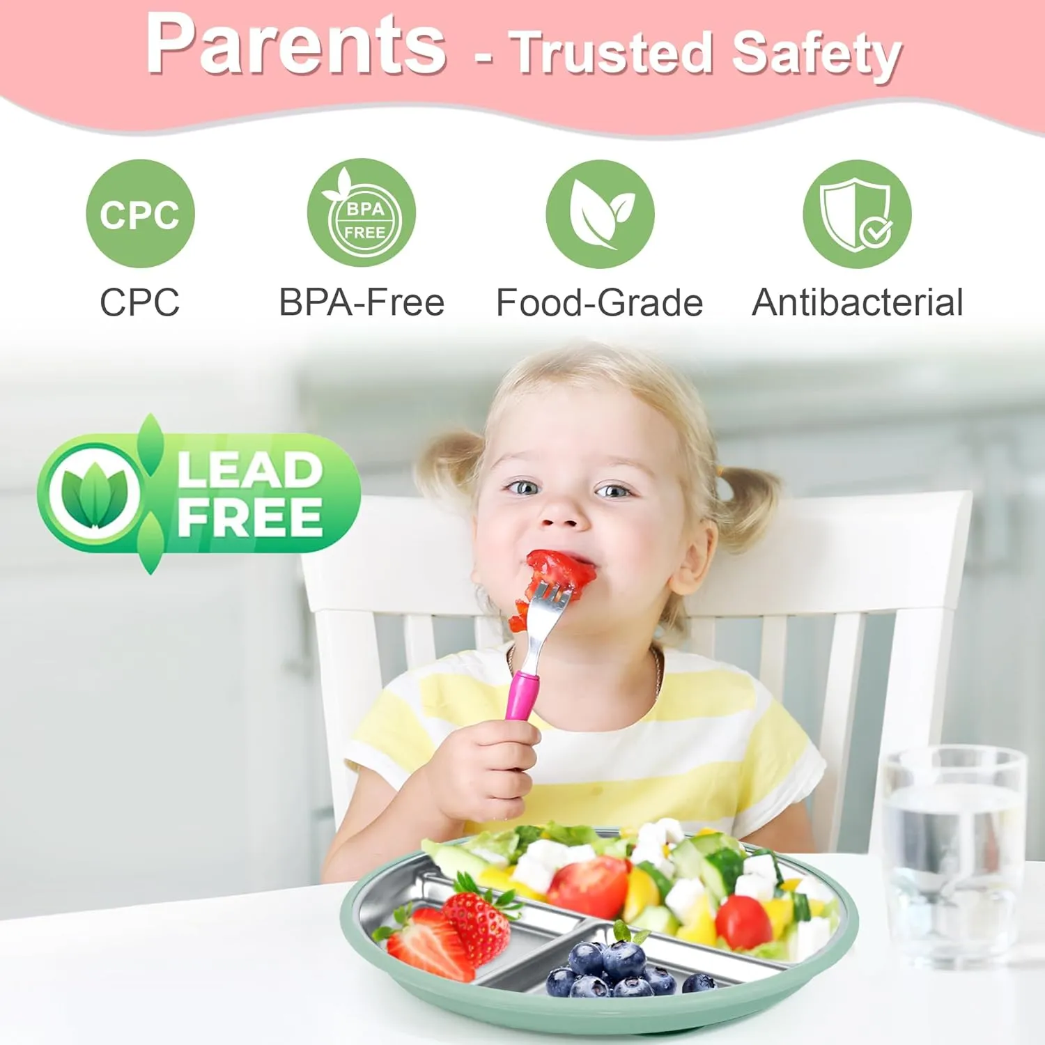 Bella's Friends Stainless Steel Kids Plates Suction Plate for Baby,3 Packs Non-Toxic Divided Toddler Plates,Food-Grade Silicone Plate for Baby,Dishwasher Safe,Blue Mint Green Grey